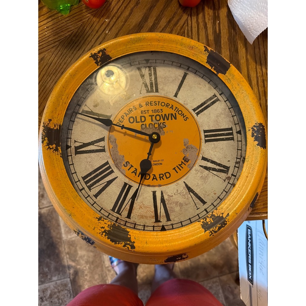 Old Town Clocks Standard Time Distressed Yellow Metal Wall Clock 14.5 Inch Round